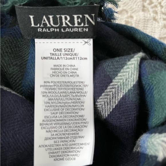Ralph Lauren Navy and Green Large Plaid Fringed Scarf - Picture 2 of 8